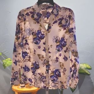 Chicos white with purple and blue flower button down shirt